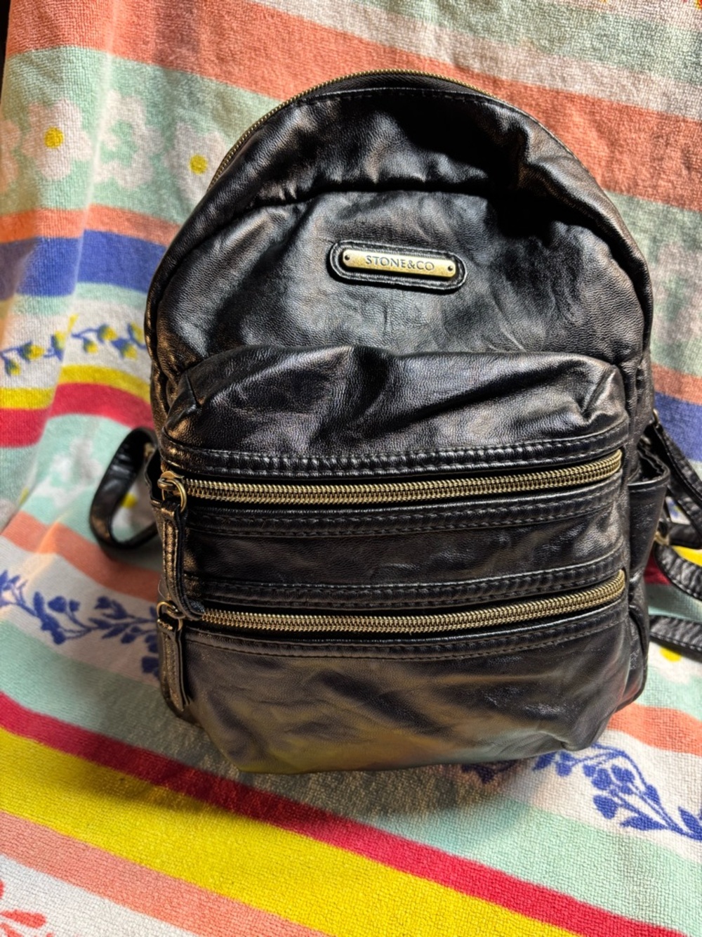 Stone & Co. Black Leather Mini Backpack with Gold Hardware